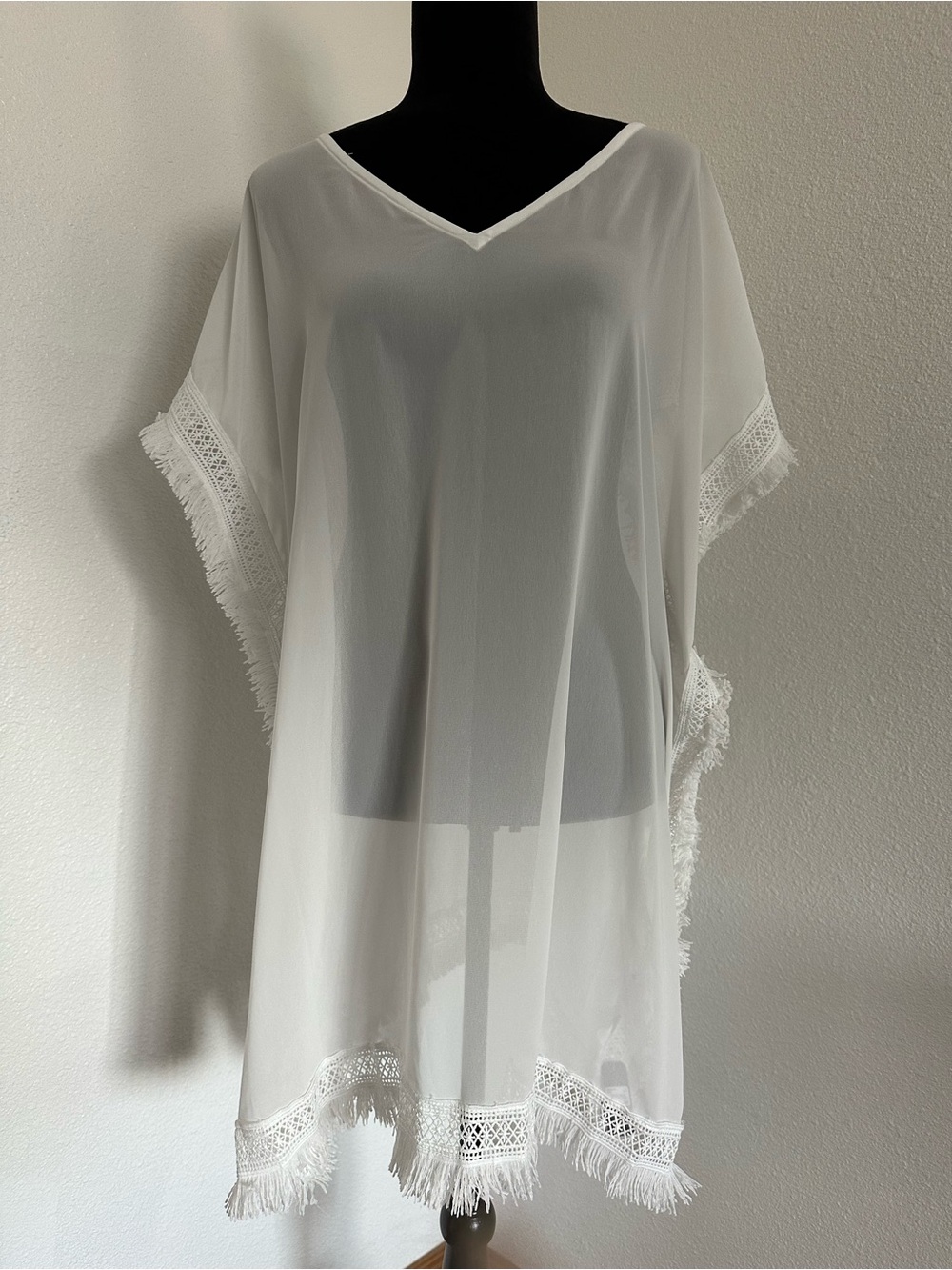 Melrose and Market White Fringe V-Neck Women's Swimsuit Coverup